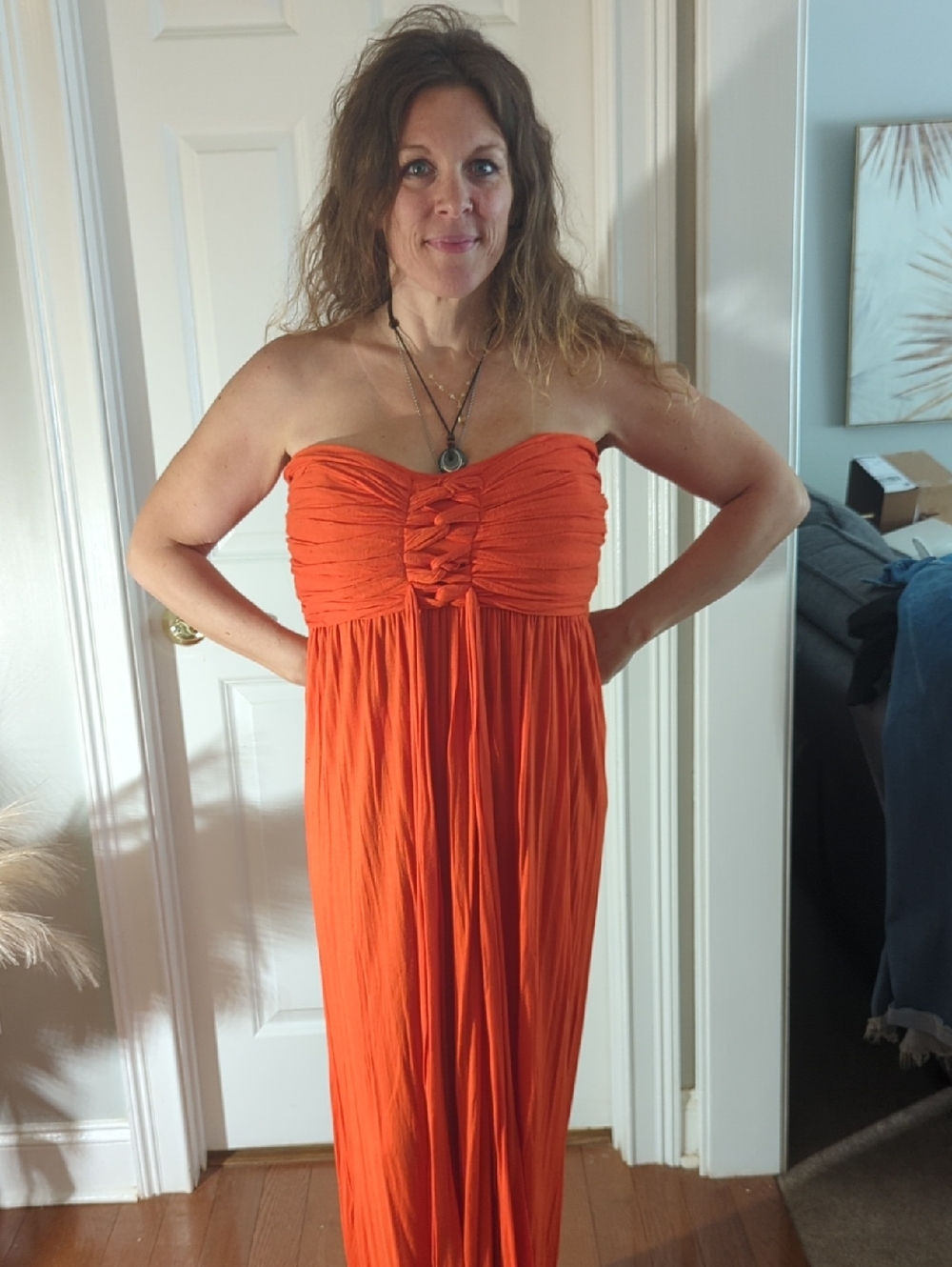 Body Central Strapless Orange Maxi Dress with Ruched Bodice